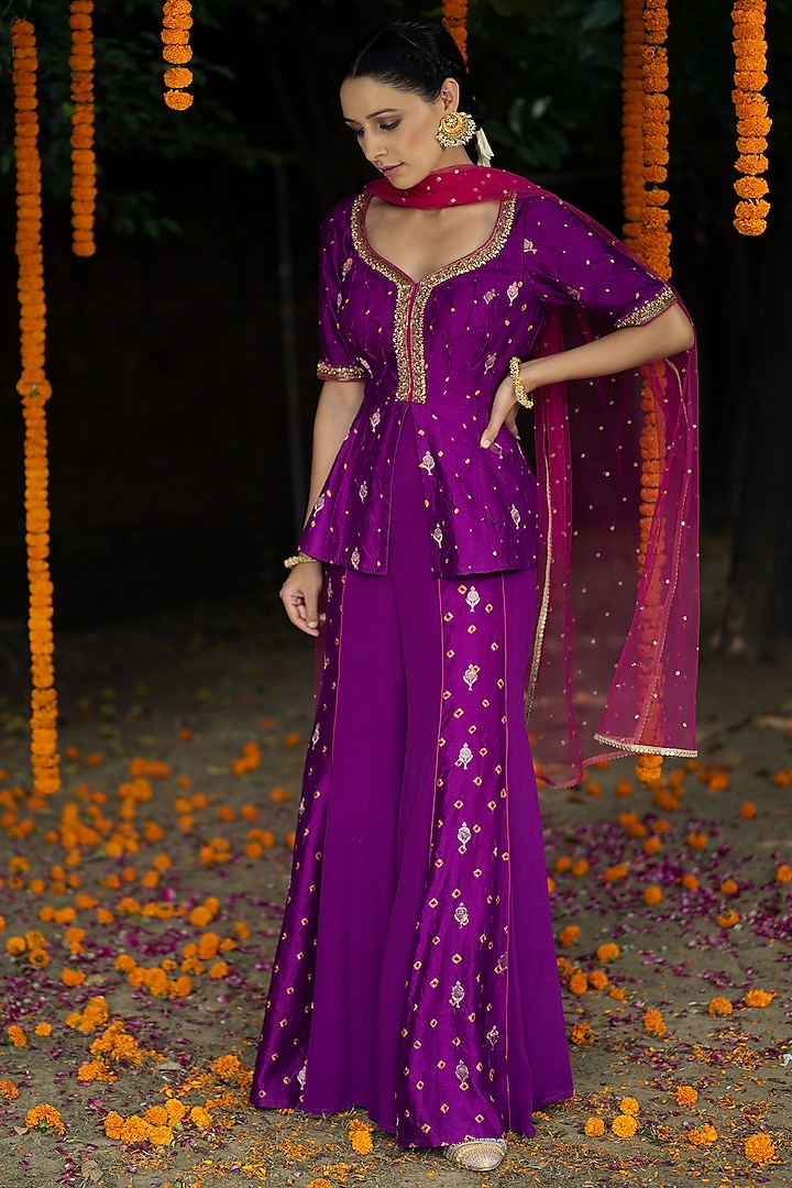 Purple Pure Silk & Pure Crepe Pant Set by Aradhana & Aparna