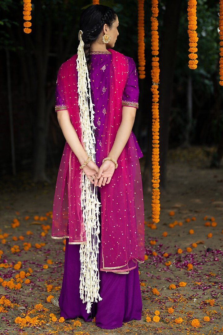 Purple Pure Silk & Pure Crepe Pant Set by Aradhana & Aparna at Pernia's Pop Up Shop