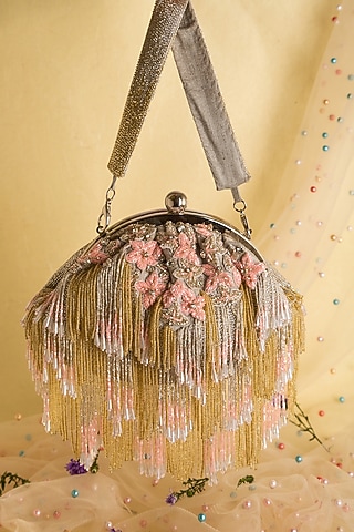 Silver Raw Silk Embroidered Clutch by Ara Studio