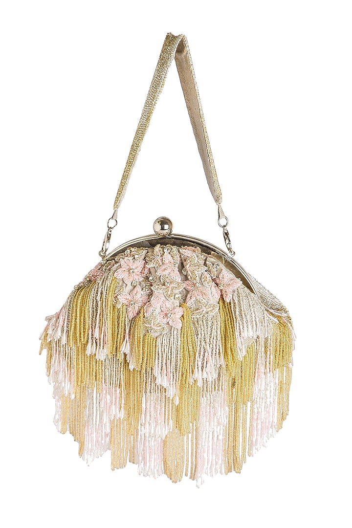 Silver Raw Silk Embroidered Clutch by Ara Studio at Pernia's Pop Up Shop