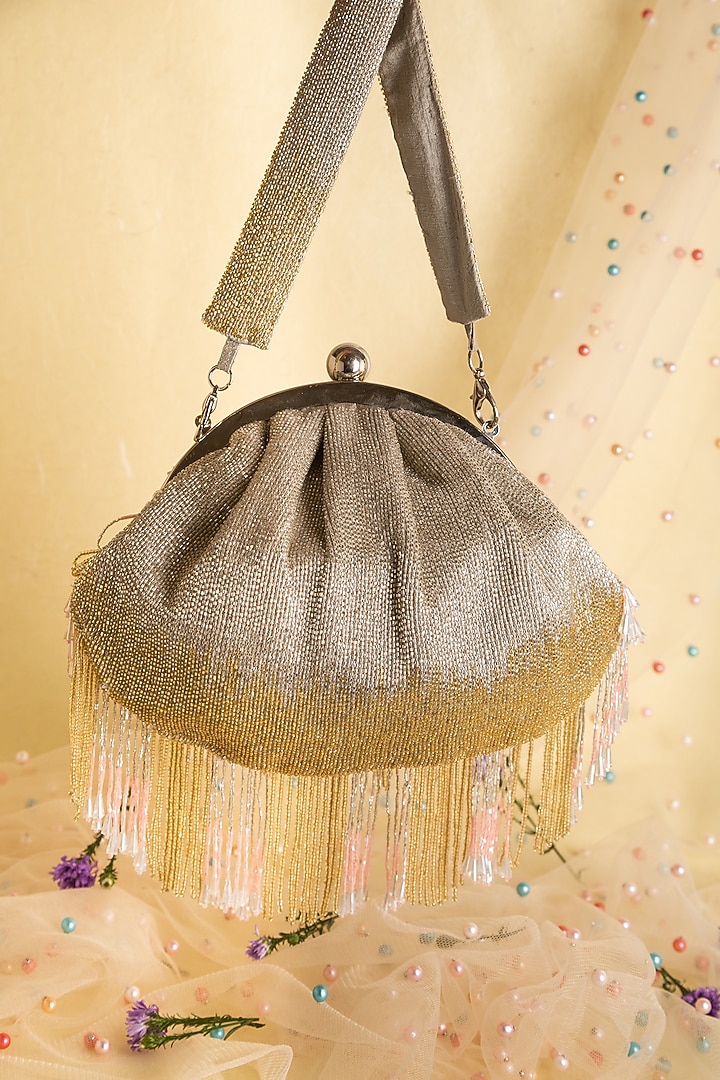 Silver Raw Silk Embroidered Clutch by Ara Studio at Pernia's Pop Up Shop