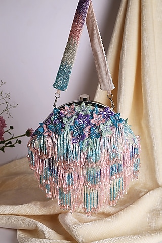Multi-Colored Raw Silk Embroidered Clutch by Ara Studio