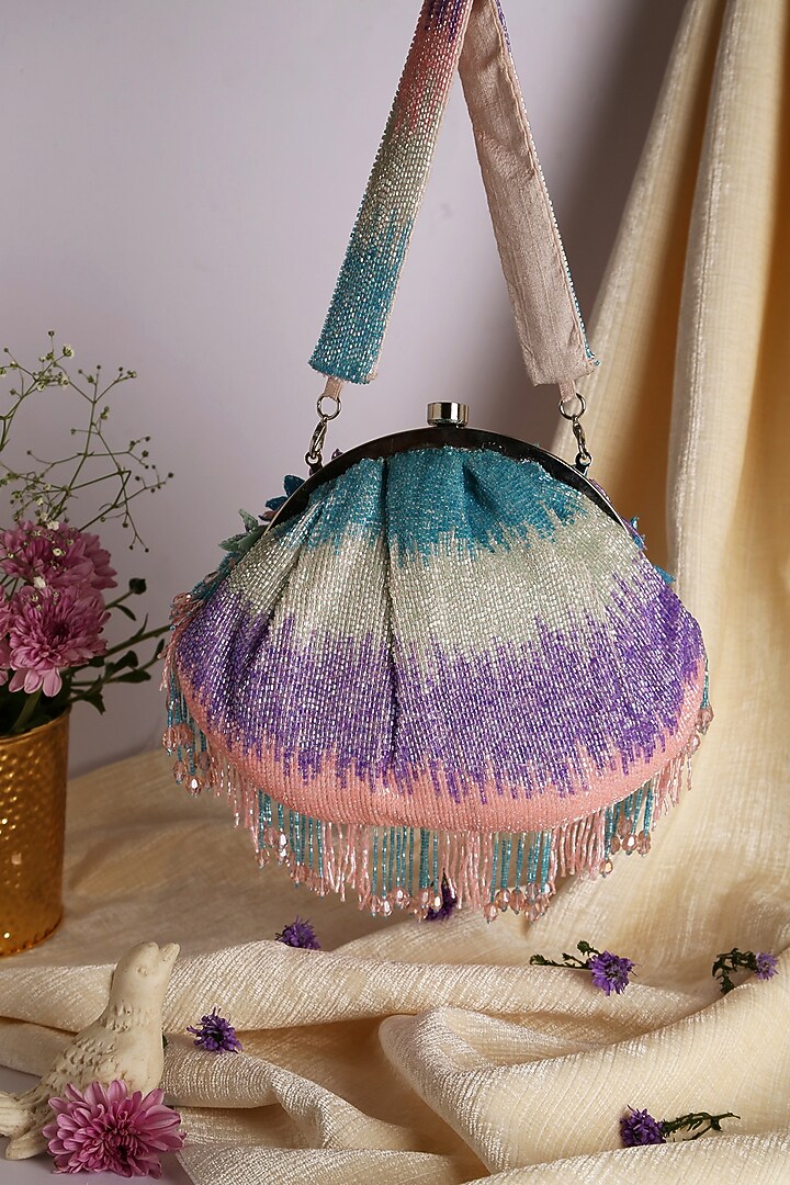 Multi-Colored Raw Silk Embroidered Clutch by Ara Studio at Pernia's Pop Up Shop