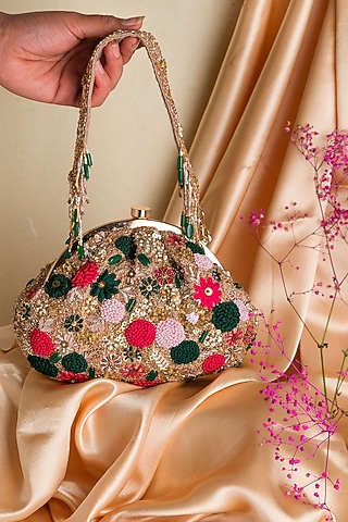 Multi-Colored Raw Silk Embroidered Stardom Pouch by Ara Studio