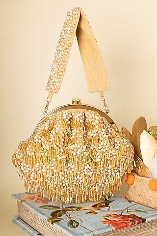 Gold Raw Silk Embellished Soft Pouch by Ara Studio