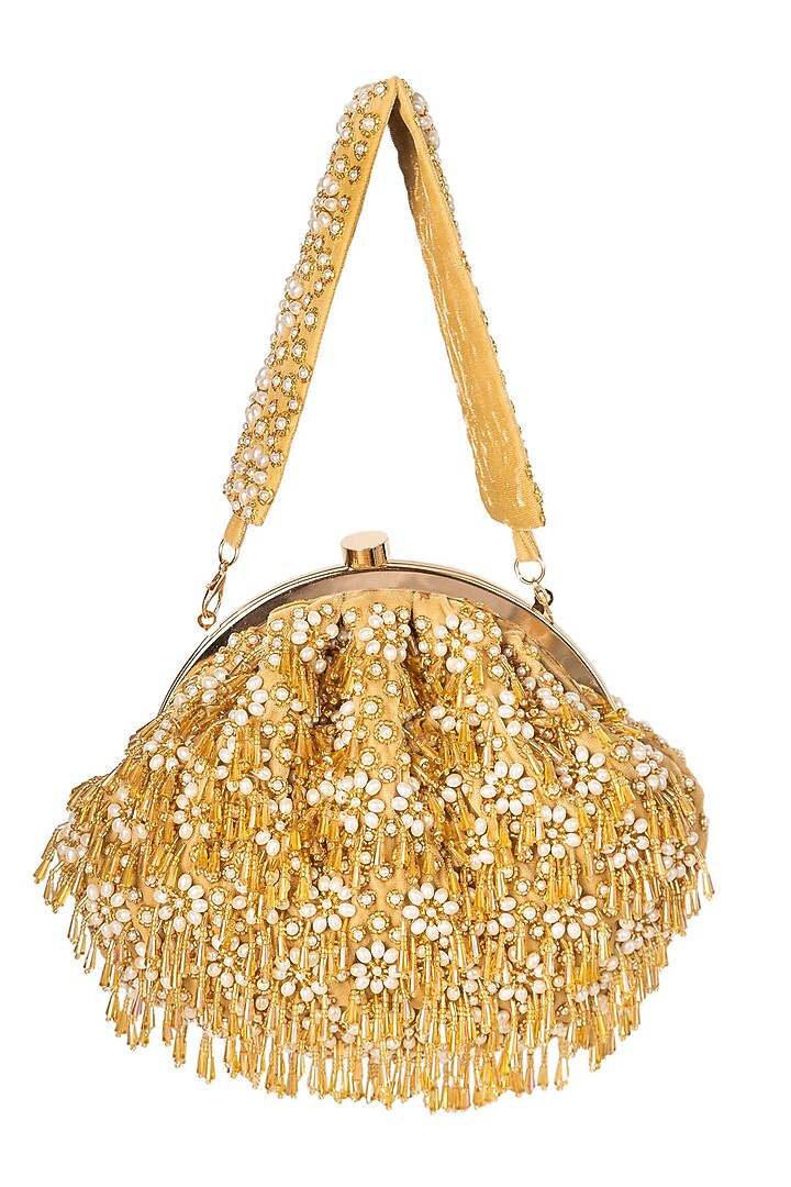 Gold Raw Silk Embellished Soft Pouch by Ara Studio at Pernia's Pop Up Shop