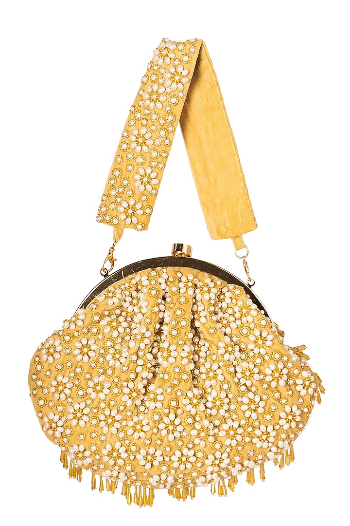 Gold Raw Silk Embellished Soft Pouch by Ara Studio at Pernia's Pop Up Shop