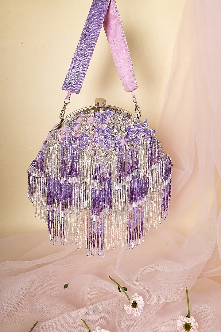 Purple Raw Silk Embellished Soft Pouch by Ara Studio at Pernia's Pop Up Shop