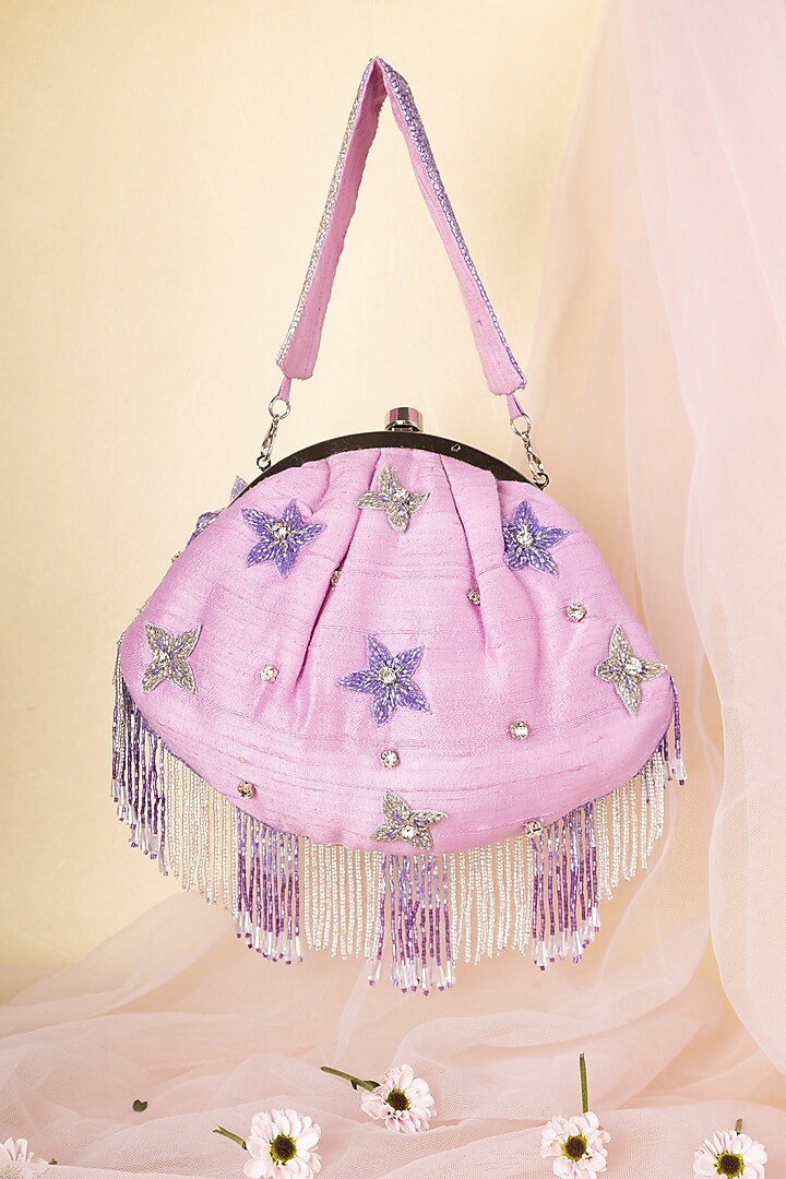 Purple Raw Silk Embellished Soft Pouch by Ara Studio at Pernia's Pop Up Shop