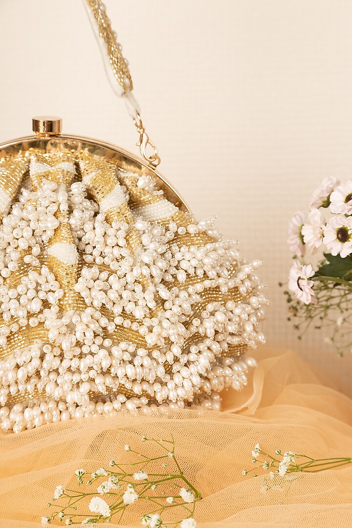Vanilla Gold Velvet Embroidered Soft Pouch by Ara Studio at Pernia's Pop Up Shop