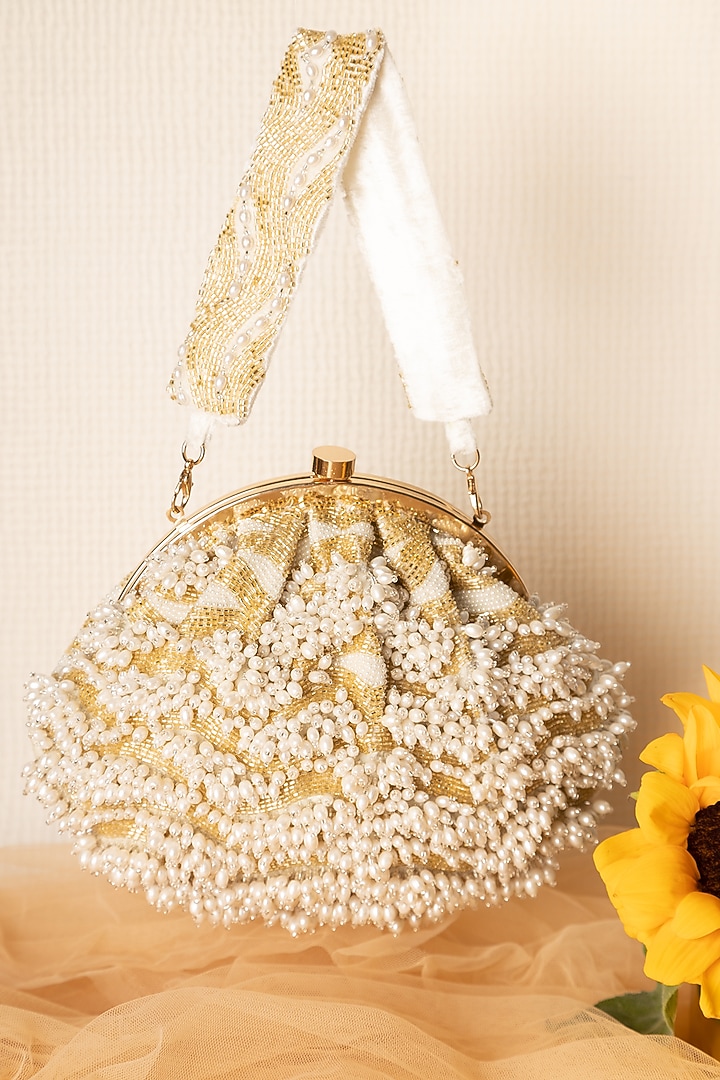 Vanilla Gold Velvet Embroidered Soft Pouch by Ara Studio at Pernia's Pop Up Shop