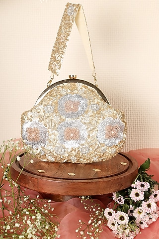 Gold & Silver Raw Silk Embroidered Soft Pouch by Ara Studio
