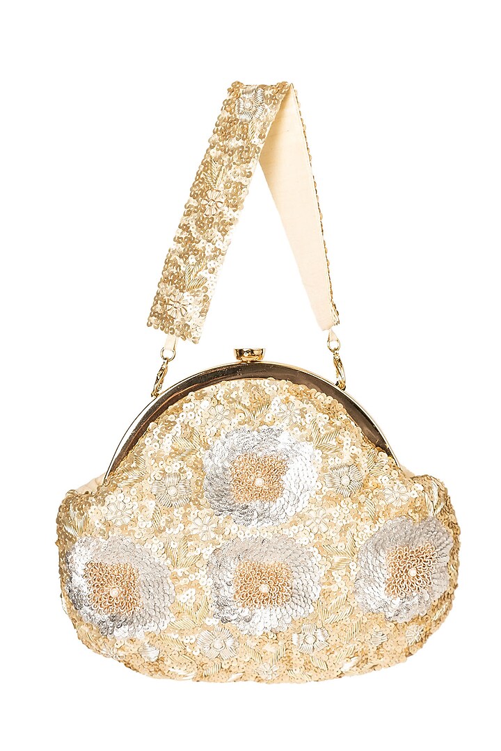 Gold & Silver Raw Silk Embroidered Soft Pouch by Ara Studio at Pernia's Pop Up Shop