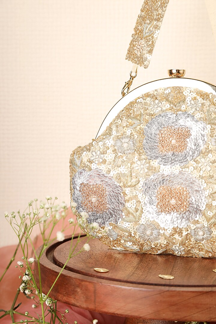Gold & Silver Raw Silk Embroidered Soft Pouch by Ara Studio at Pernia's Pop Up Shop