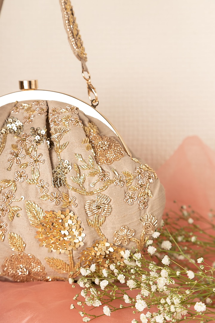 Rose Gold Raw Silk Embroidered Soft Pouch by Ara Studio at Pernia's Pop Up Shop