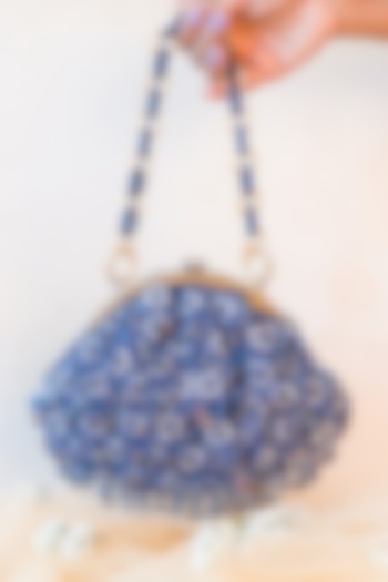 Blue Raw Silk Embroidered Soft Pouch by Ara Studio