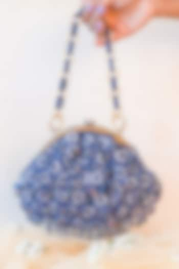 Blue Raw Silk Embroidered Soft Pouch by Ara Studio at Pernia's Pop Up Shop