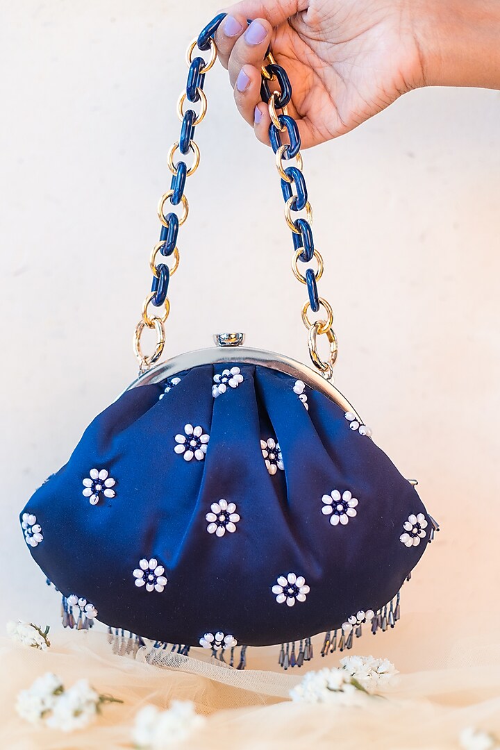 Blue Raw Silk Embroidered Soft Pouch by Ara Studio at Pernia's Pop Up Shop