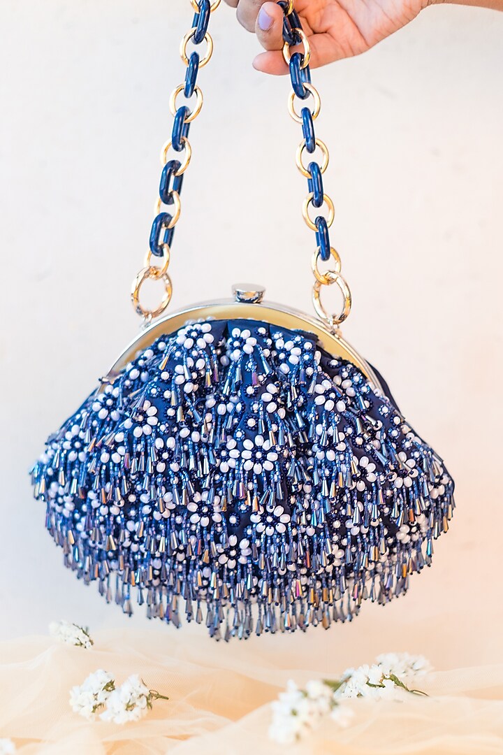 Blue Raw Silk Embroidered Soft Pouch by Ara Studio at Pernia's Pop Up Shop
