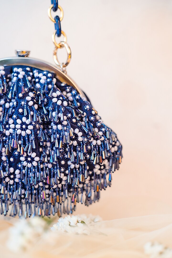 Blue Raw Silk Embroidered Soft Pouch by Ara Studio at Pernia's Pop Up Shop