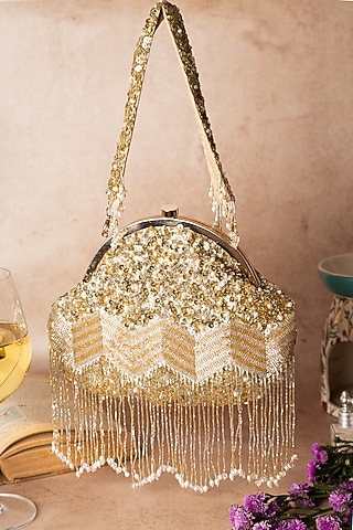 Gold Raw Silk Embellished Soft Pouch by Ara Studio