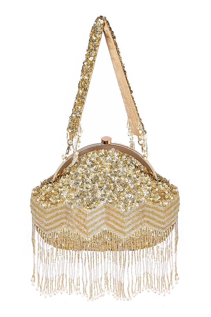Gold Raw Silk Embellished Soft Pouch by Ara Studio at Pernia's Pop Up Shop