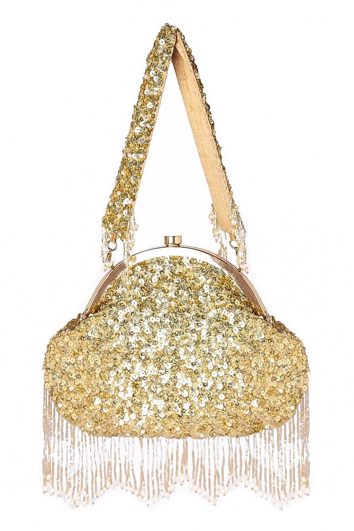 Gold Raw Silk Embellished Soft Pouch by Ara Studio at Pernia's Pop Up Shop