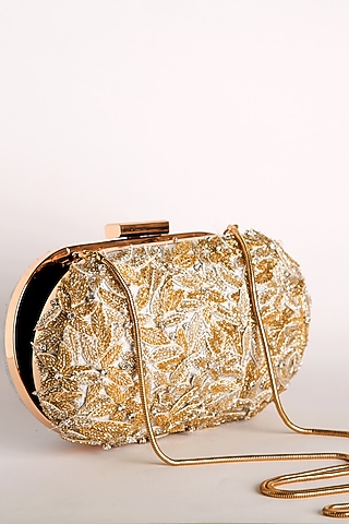 Silver Raw Silk Embroidered Clutch by Ara Studio