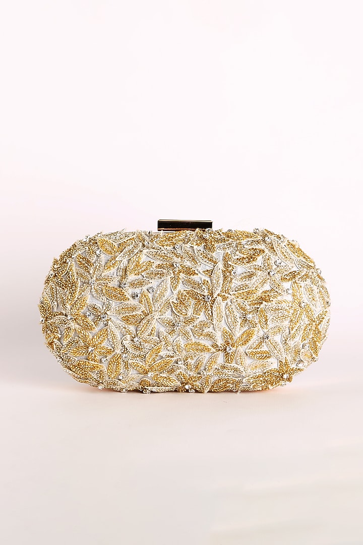 Silver Raw Silk Embroidered Clutch by Ara Studio at Pernia's Pop Up Shop