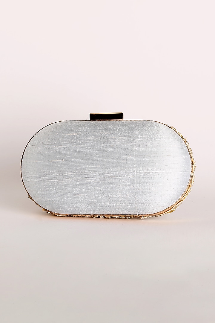 Silver Raw Silk Embroidered Clutch by Ara Studio at Pernia's Pop Up Shop