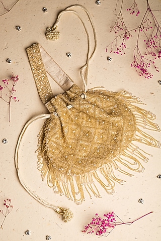 Gold Raw Silk Embellished Potli by Ara Studio