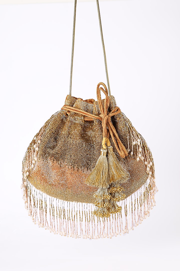 Gold Raw Silk Embroidered Potli by Ara Studio at Pernia's Pop Up Shop
