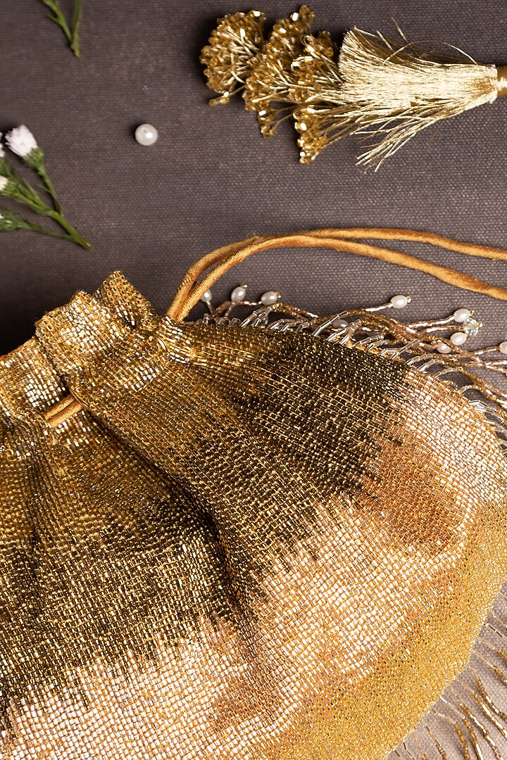 Gold Raw Silk Embroidered Potli by Ara Studio at Pernia's Pop Up Shop