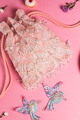 Pink Velvet Embroidered Potli by Ara Studio