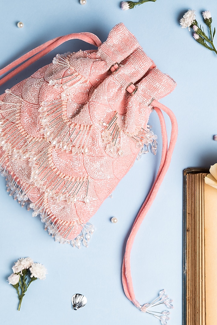 Pink Velvet Embroidered Potli by Ara Studio at Pernia's Pop Up Shop