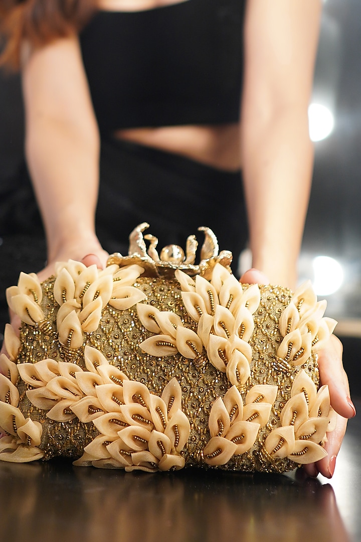 Gold Raw Silk Embellished Clutch by Ara Studio