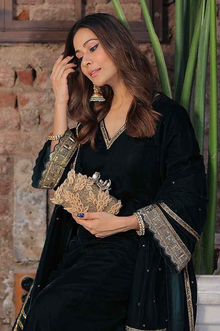 Gold Raw Silk Embellished Clutch by Ara Studio at Pernia's Pop Up Shop