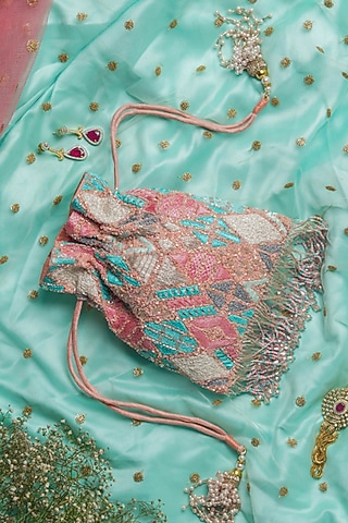 Pastel Pink Raw Silk Embroidered Potli by Ara Studio