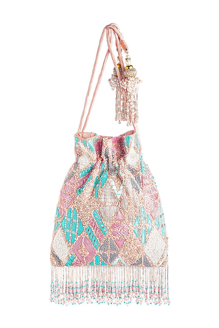 Pastel Pink Raw Silk Embroidered Potli by Ara Studio at Pernia's Pop Up Shop