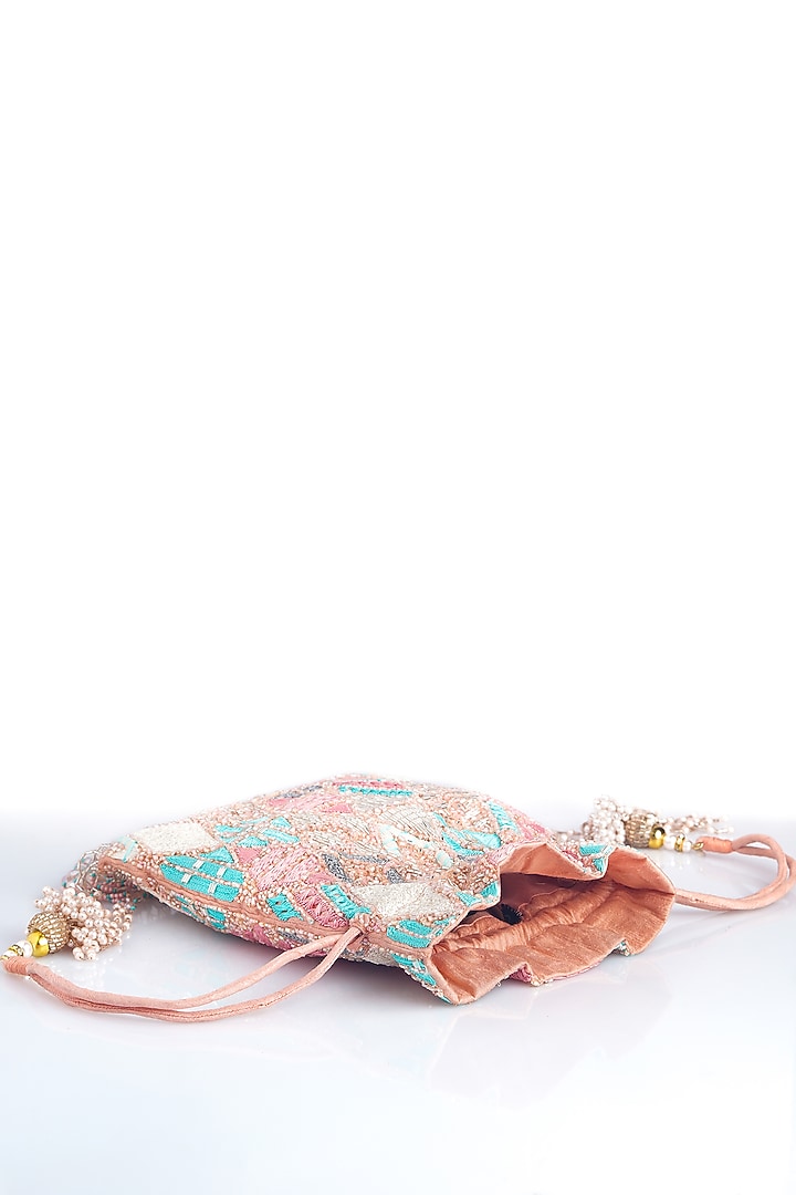 Pastel Pink Raw Silk Embroidered Potli by Ara Studio at Pernia's Pop Up Shop