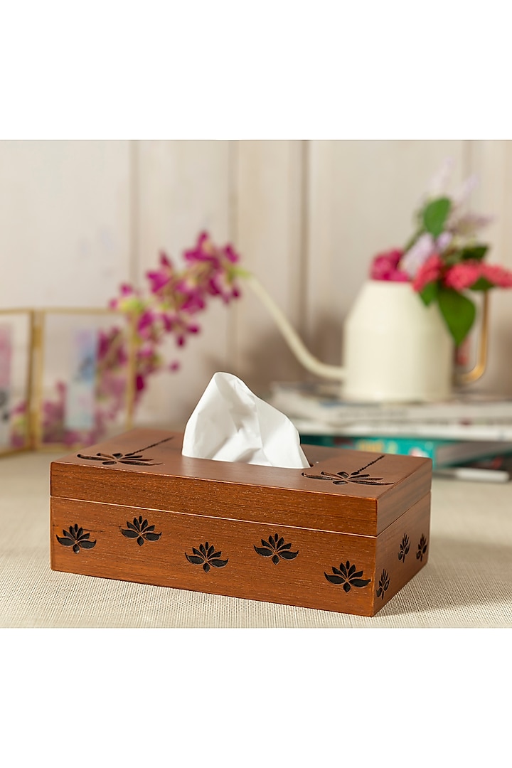 Brown Engineered Wood Tissue Box by Aarav Designs