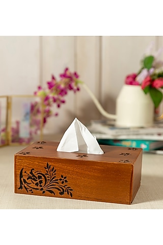 Brown Engineered Wood Tissue Box by Aarav Designs