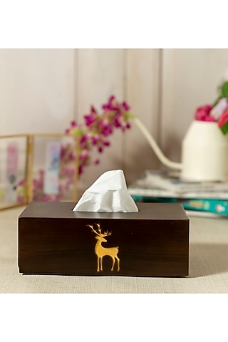 Brown Engineered Wood Tissue Box by Aarav Designs