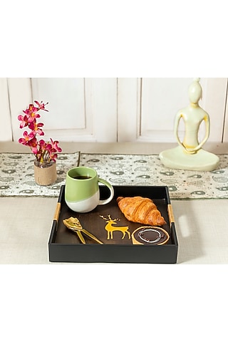 Black & Brown Engineered Wood Tray by Aarav Designs