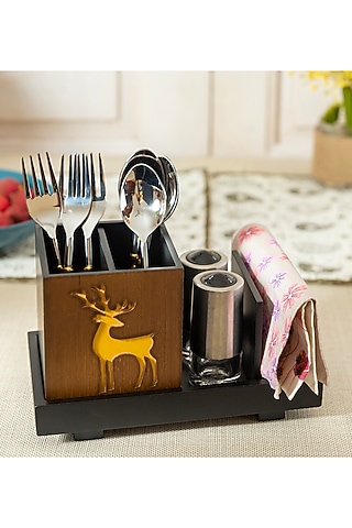 Black & Brown Engineered Wood Cutlery holder Set by Aarav Designs