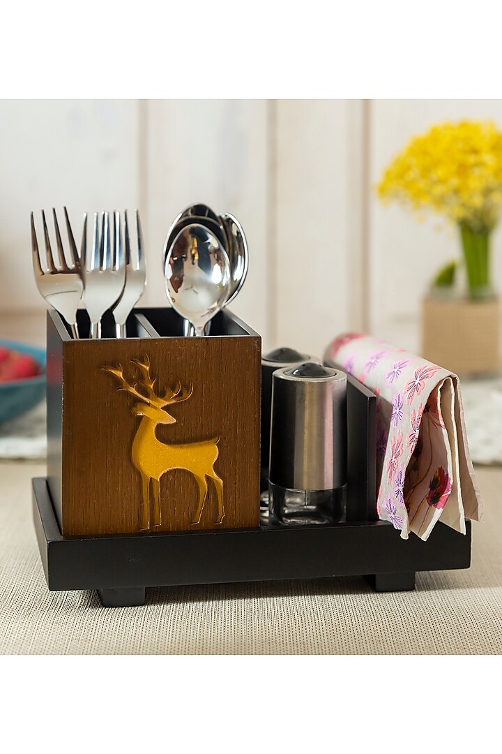 Black & Brown Engineered Wood Cutlery holder Set by Aarav Designs at Pernia's Pop Up Shop