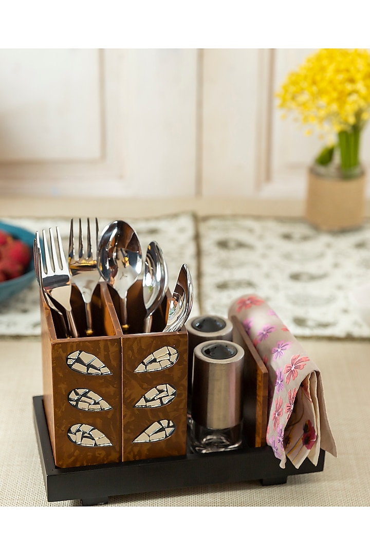 Black & Brown Engineered Wood Cutlery holder Set by Aarav Designs