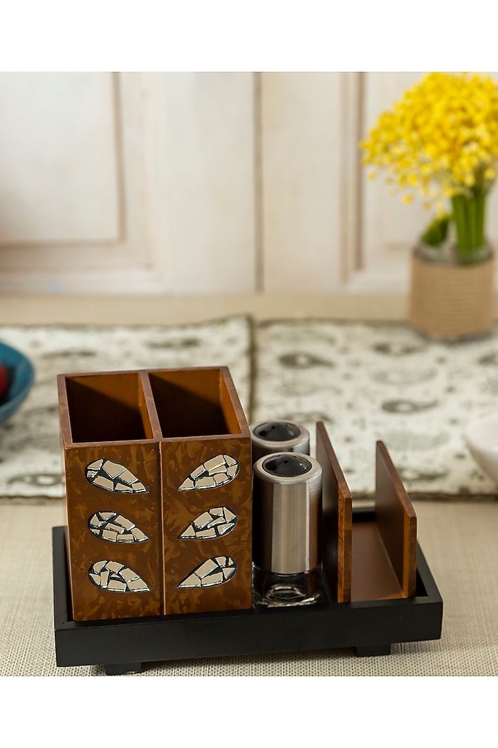 Black & Brown Engineered Wood Cutlery holder Set by Aarav Designs at Pernia's Pop Up Shop