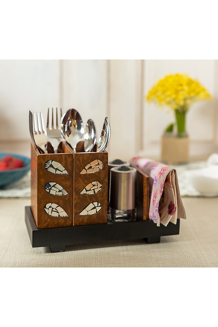Black & Brown Engineered Wood Cutlery holder Set by Aarav Designs at Pernia's Pop Up Shop