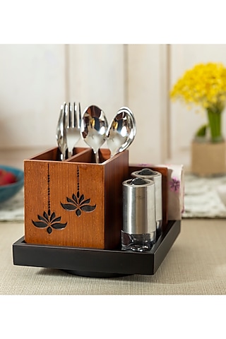 Black & Brown Engineered Wood Cutlery holder Set by Aarav Designs